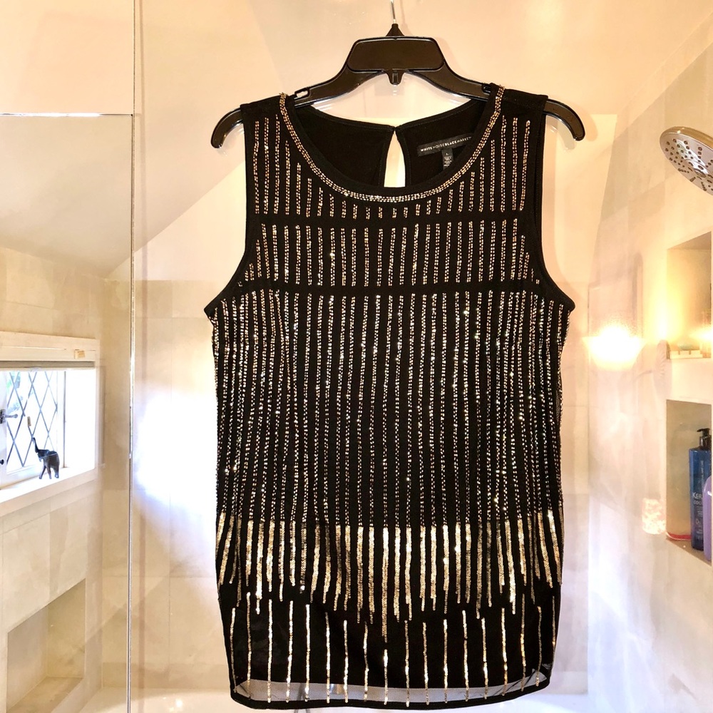 Lined, sleeveless black and silver beaded shell